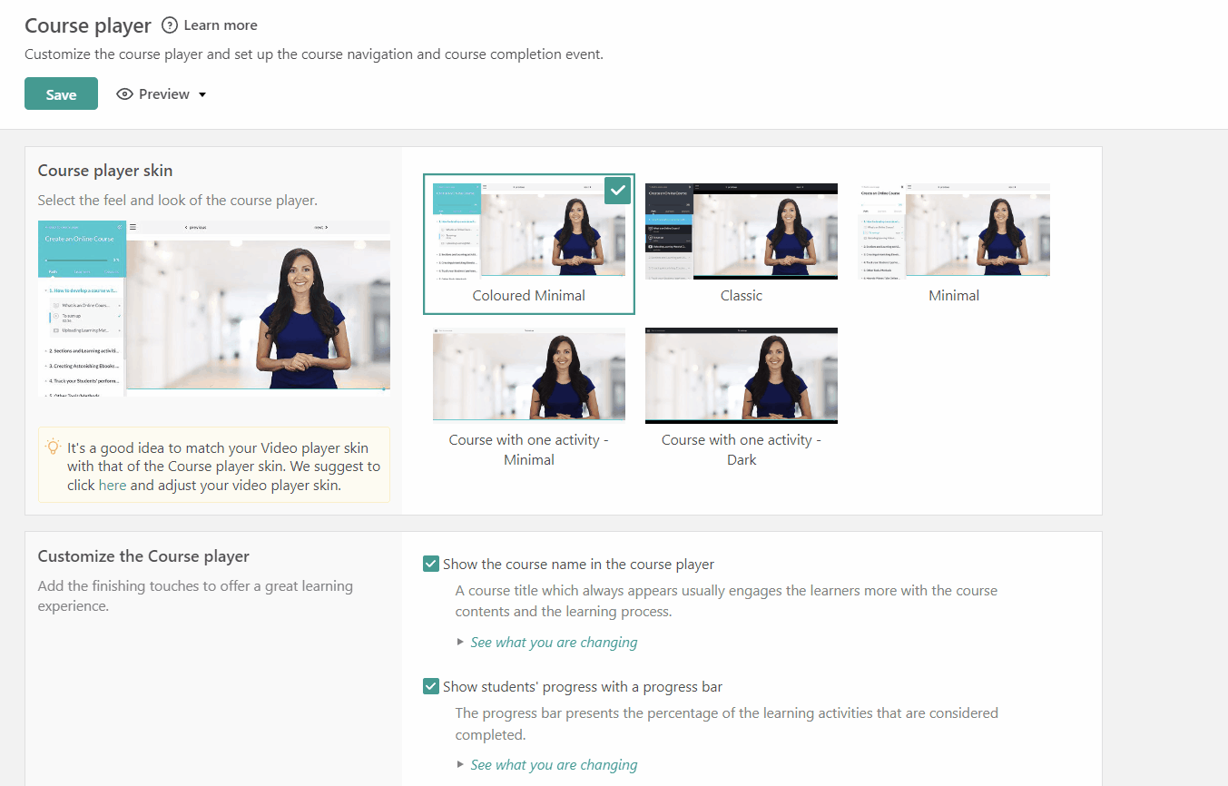 A GIF showing LearnWorlds course player customization features.
