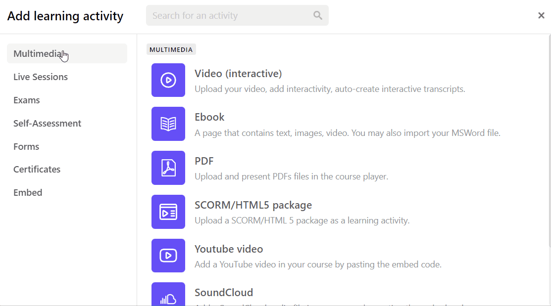 A GIF showing how to add learning activities to your online course in the LearnWorlds LMS.