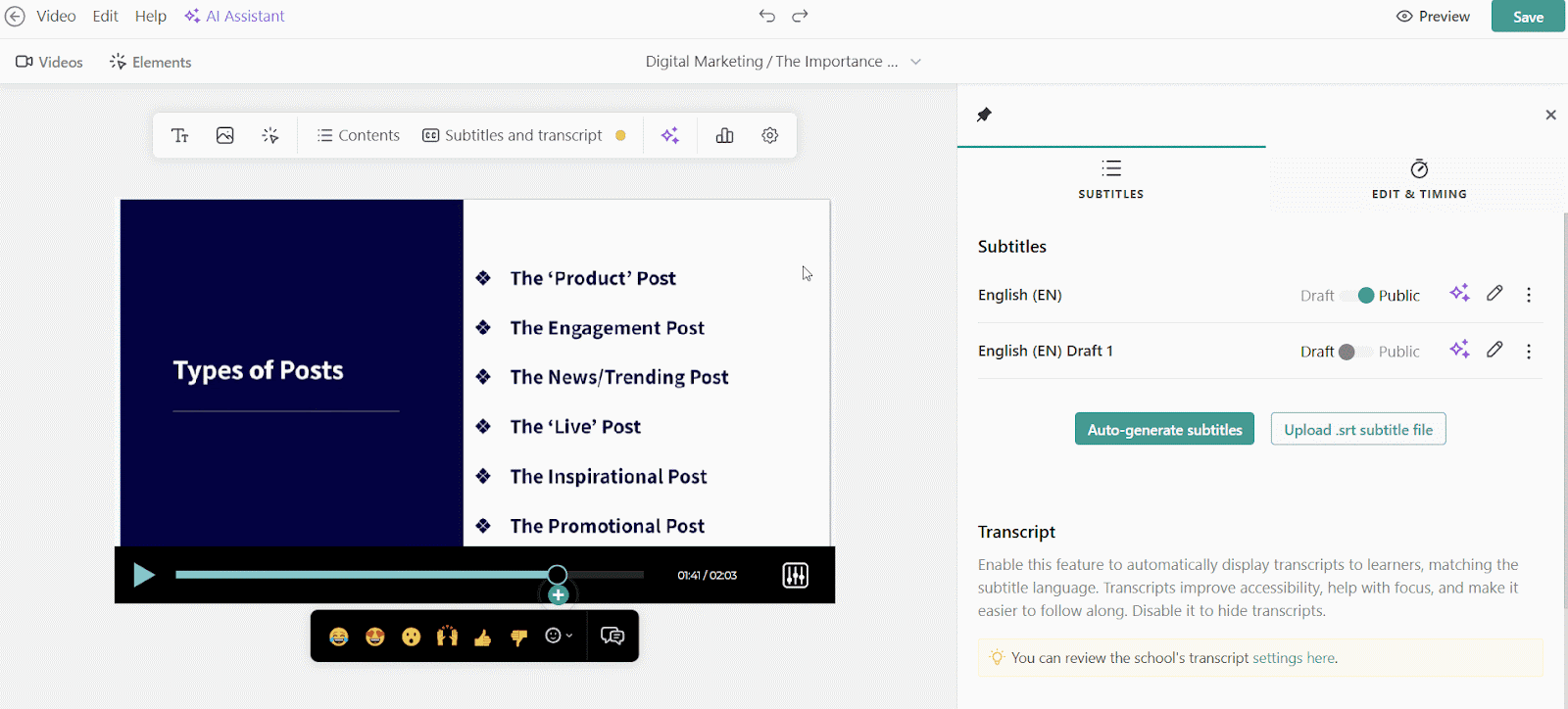 A gif showing LearnWorlds AI interactive video interface and particularly illustrating AI subtitle generation, transcript editing, and multilingual subtitle translation options.