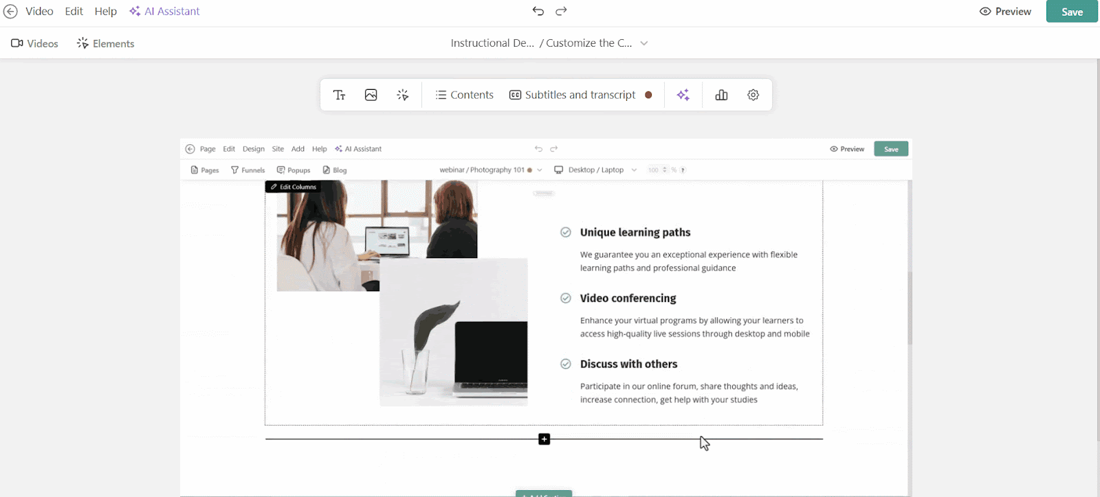 A gif showing LearnWorlds AI powered Interactive Video interface illustrating the AI-generated table of contents with editable video sections.