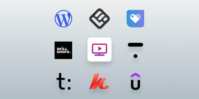 An image with a grey background featuring the logos of the best 8 platforms to sell training videos online.