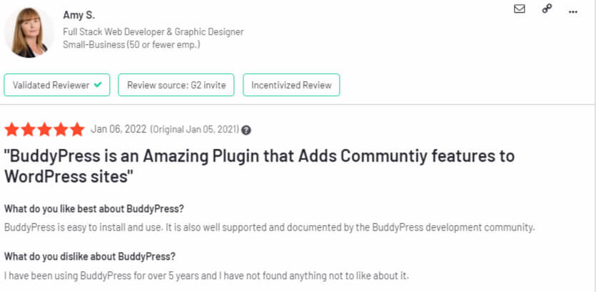BuddyPress review by Amy S. on G2.