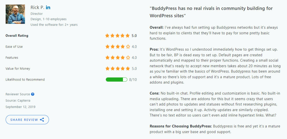 BuddyPress review by Rick P. on Capterra.