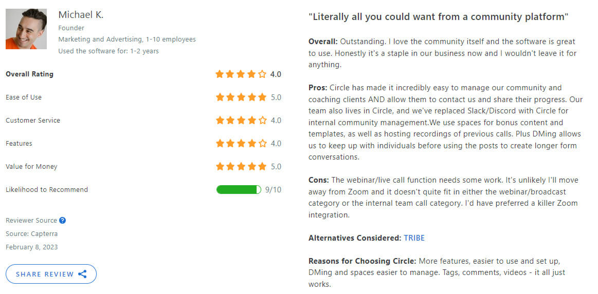 Circle's review on Capterra.