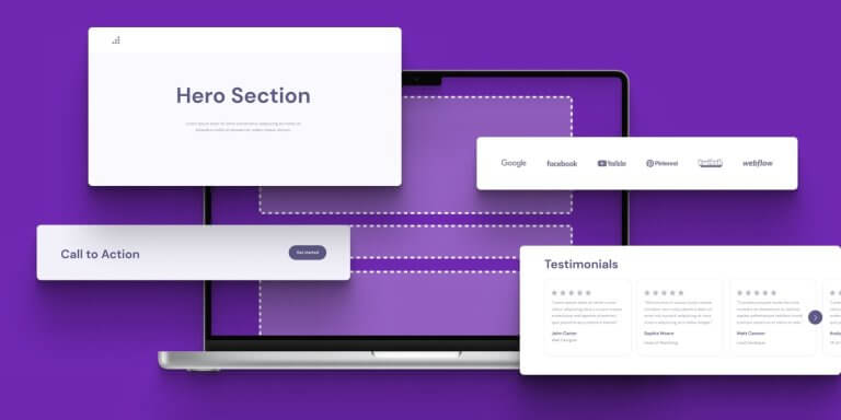 An image showing sections or parts of a landing page in a purple background.