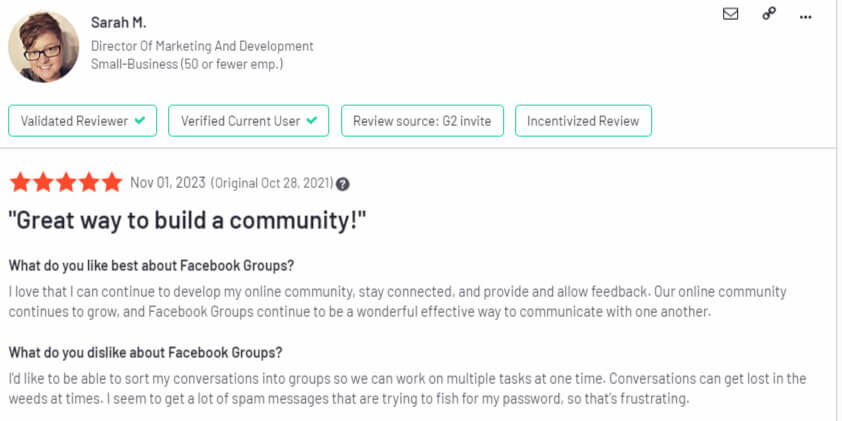 Facebook Groups' review by Sarah M. on G2.