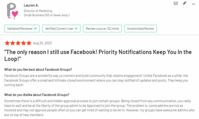 Facebook Groups' review by Lauren A. on G2.