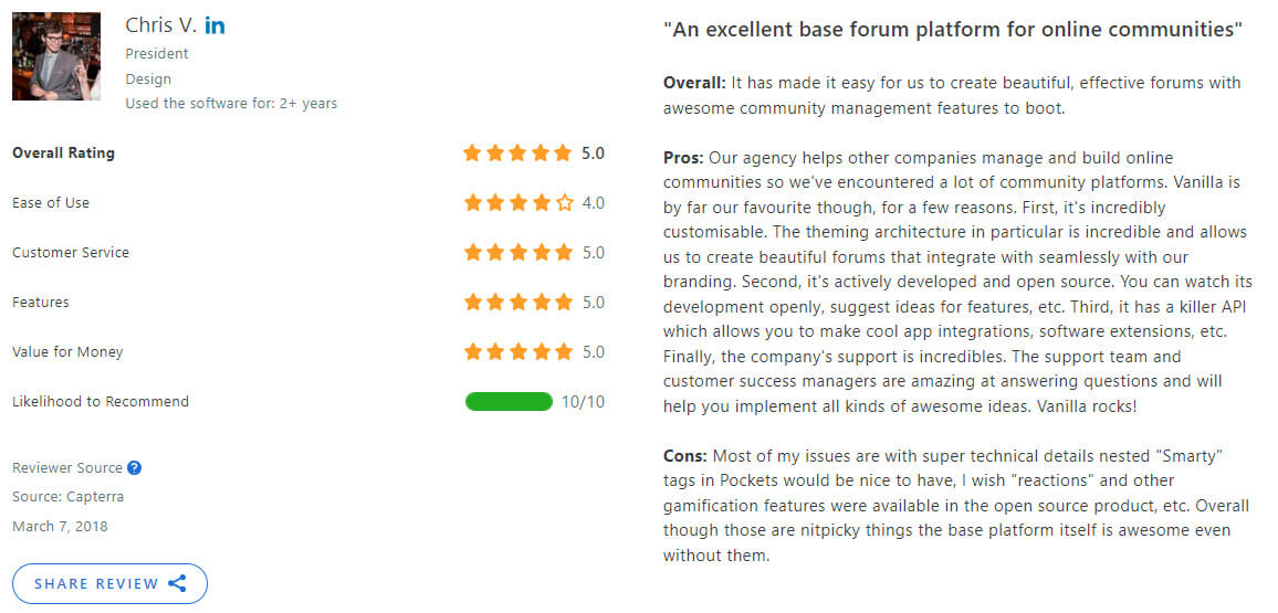 Vanilla Forums' review by Chris V. on Capterra.