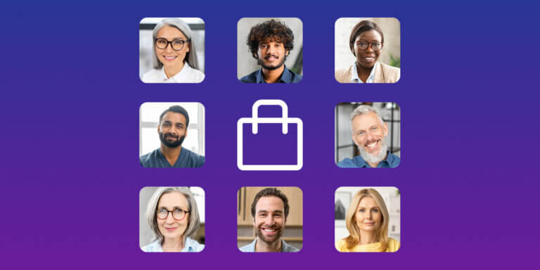 Alt-text: A visual showing people's faces in squares and in the center, a bag symbolizing the e-commerce element.