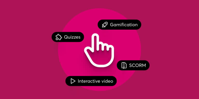 An image with a dark pink background showing a circle and a hand in the middle, and 4 different options when it comes to making learning more interactive.