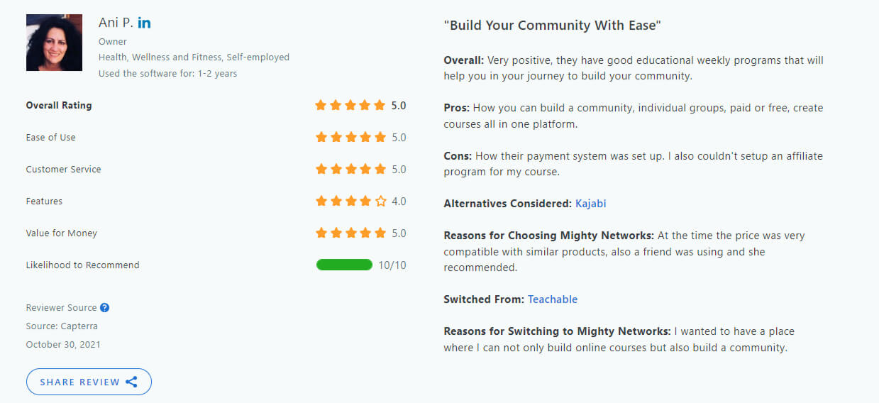 Mighty Network's review on Capterra.