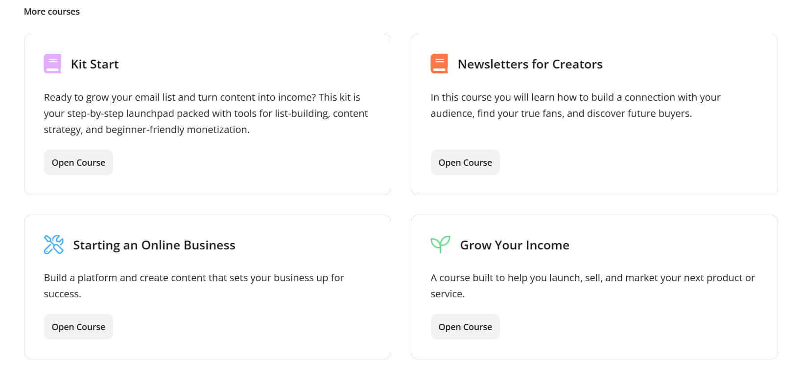 Landing page copy under more courses on Kit university's website.