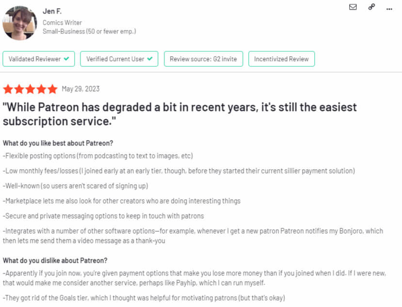 Patreon review on G2.
