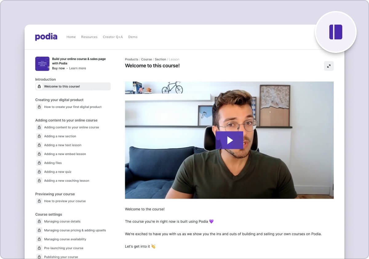 An image showing Podia's interface.