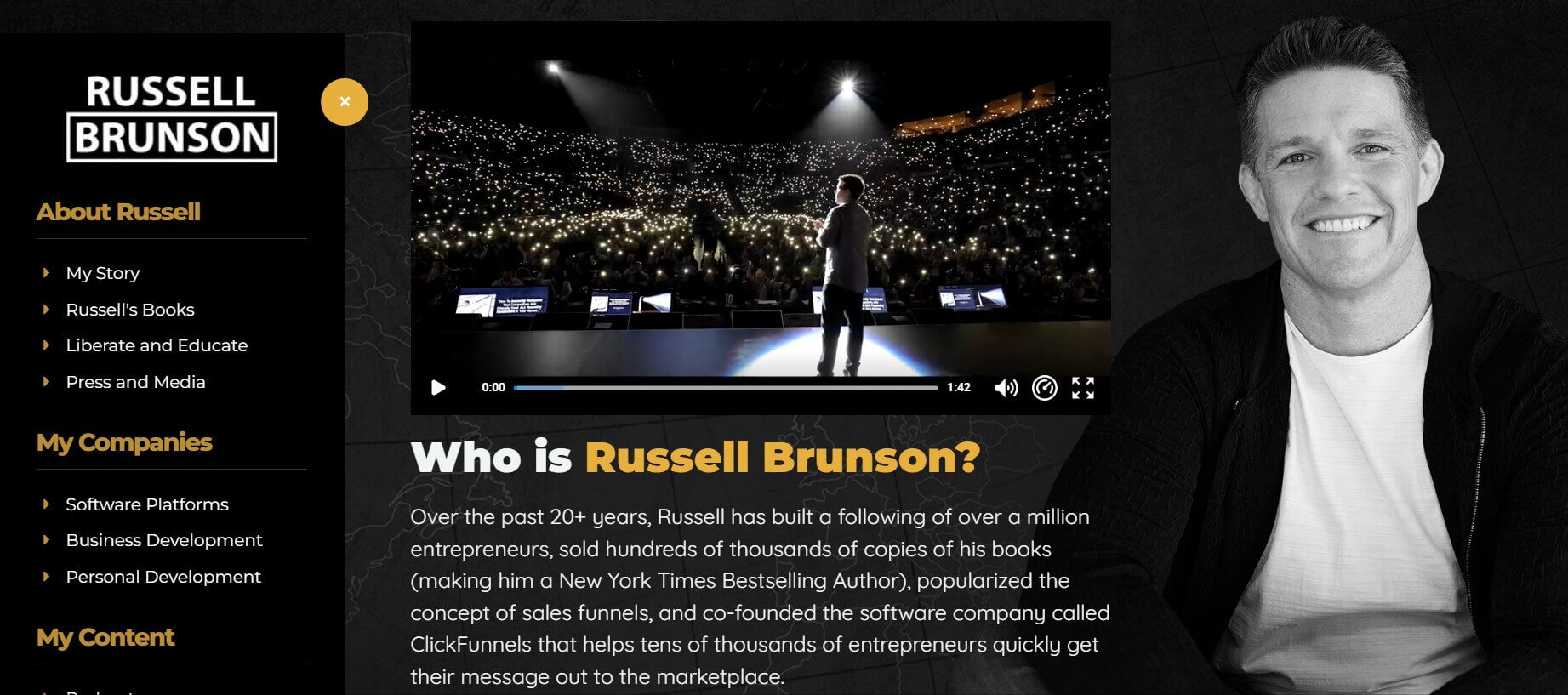 Russell Brunson landing page above the fold and video intro section.