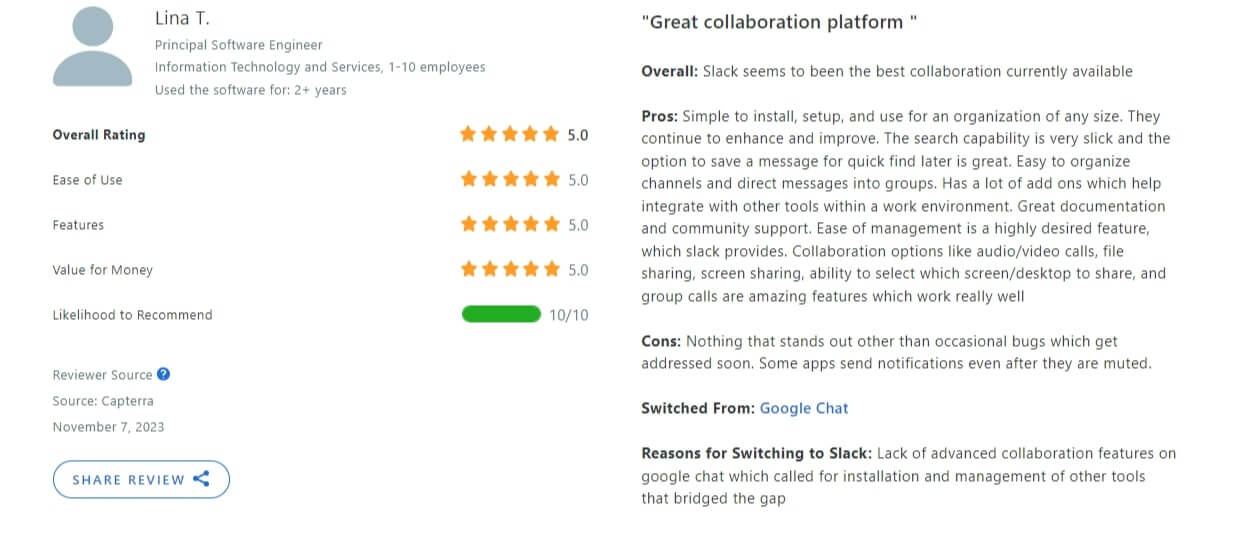 Slack's review on Capterra.