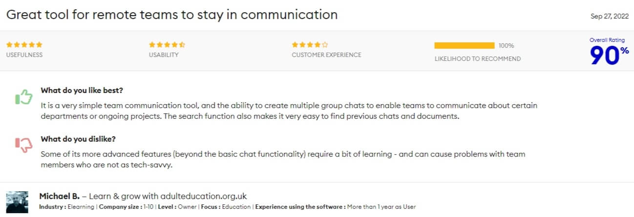 Slack's review on Elearning Industry.