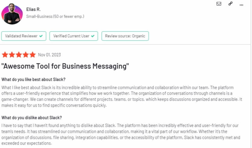 Slack's review on G2.