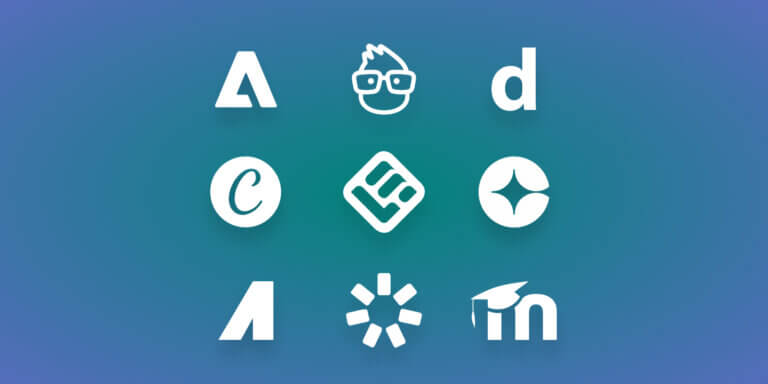 An image with green-blue background featuring the logos of the top learning management systems.