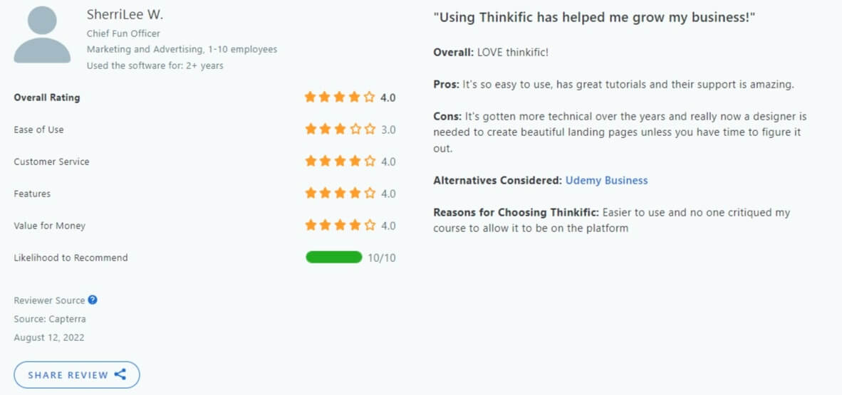 Thinkific review on Capterra.
