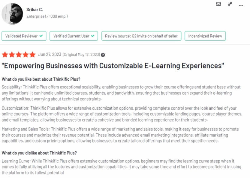 Thinkific review by Srikar C. on G2.