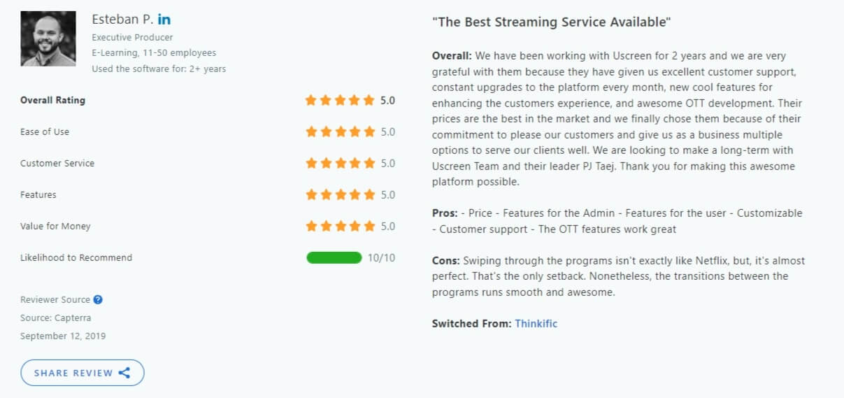 Uscreen's review by Esteban P. on Capterra.