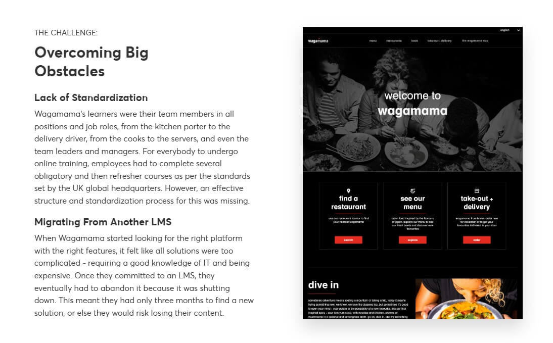 A screenshot showing Wakamama's challenge when looking for a new LMS.