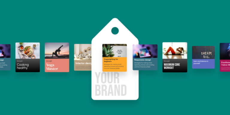 A visual with a green-blue background showcasing different cards with course titles and images.