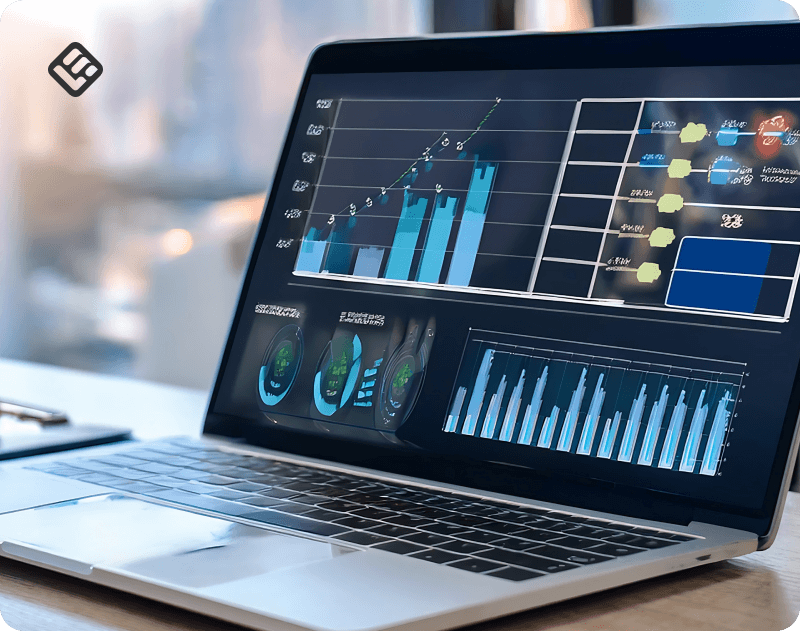 An image that shows a laptop screen with graphs.