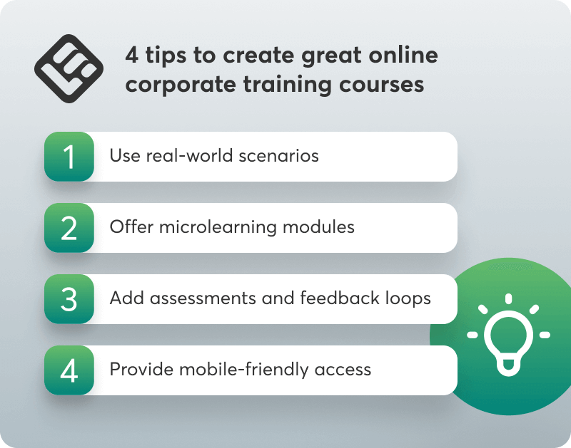 A visual checklist showing the 4 tips to create great online corporate training courses.
