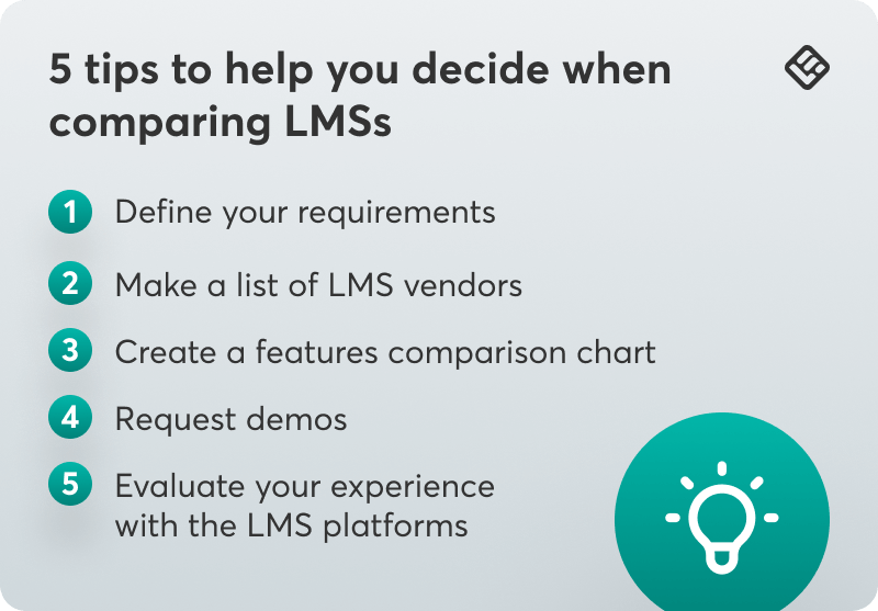 A visual featuring a list of 5 tips to help you decide when comparing LMSs.