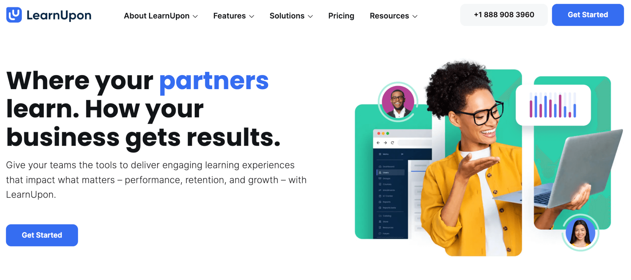 a screenshot of the LearnUpon landing page showing a smiling woman holding a laptop