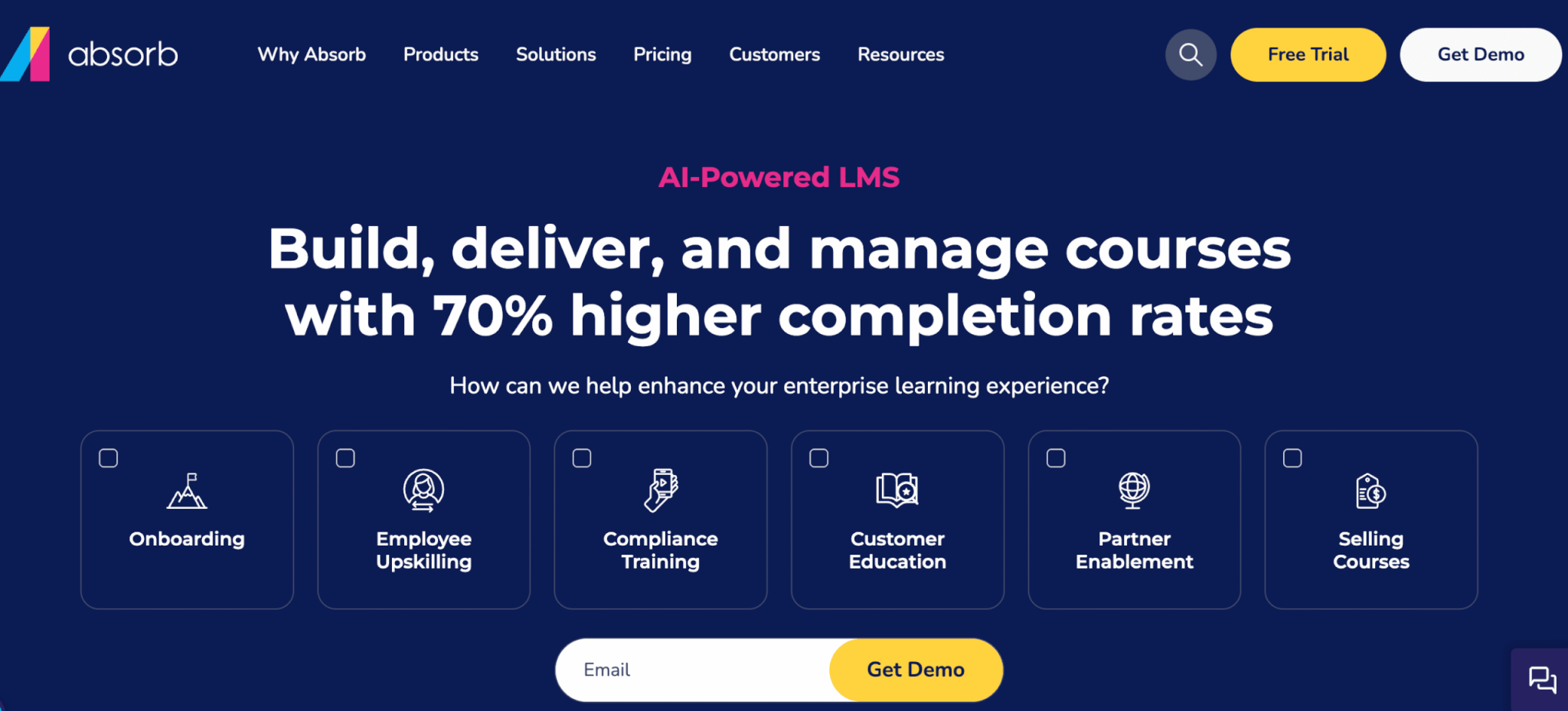 Absorb LMS landing page promoting its AI-powered platform with a focus on high course completion rates and use cases like onboarding, upskilling, and customer education.