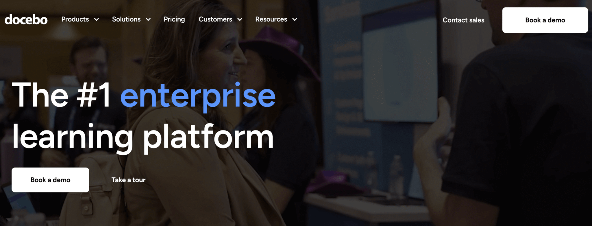 Docebo landing page highlighting its position as the top enterprise learning platform with demo and tour options.