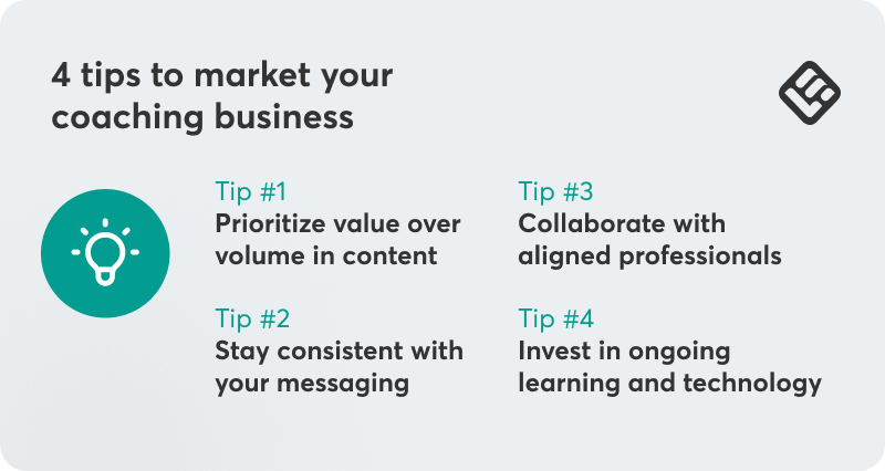 A visual showing 4 tips to market your coaching business.