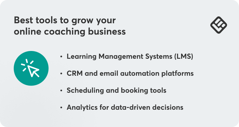 A visual showing the best types of tools to help you grow your coaching business.