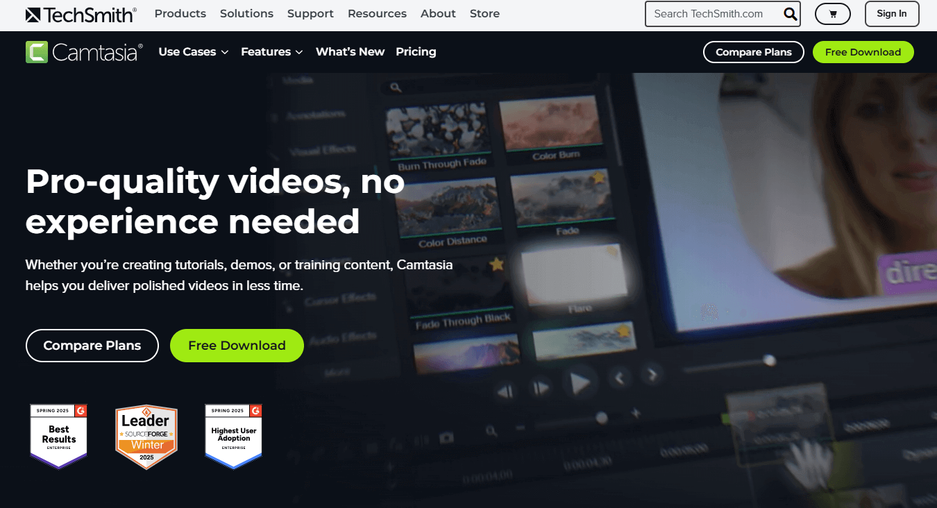 A screenshot of the homepage of Camtasia