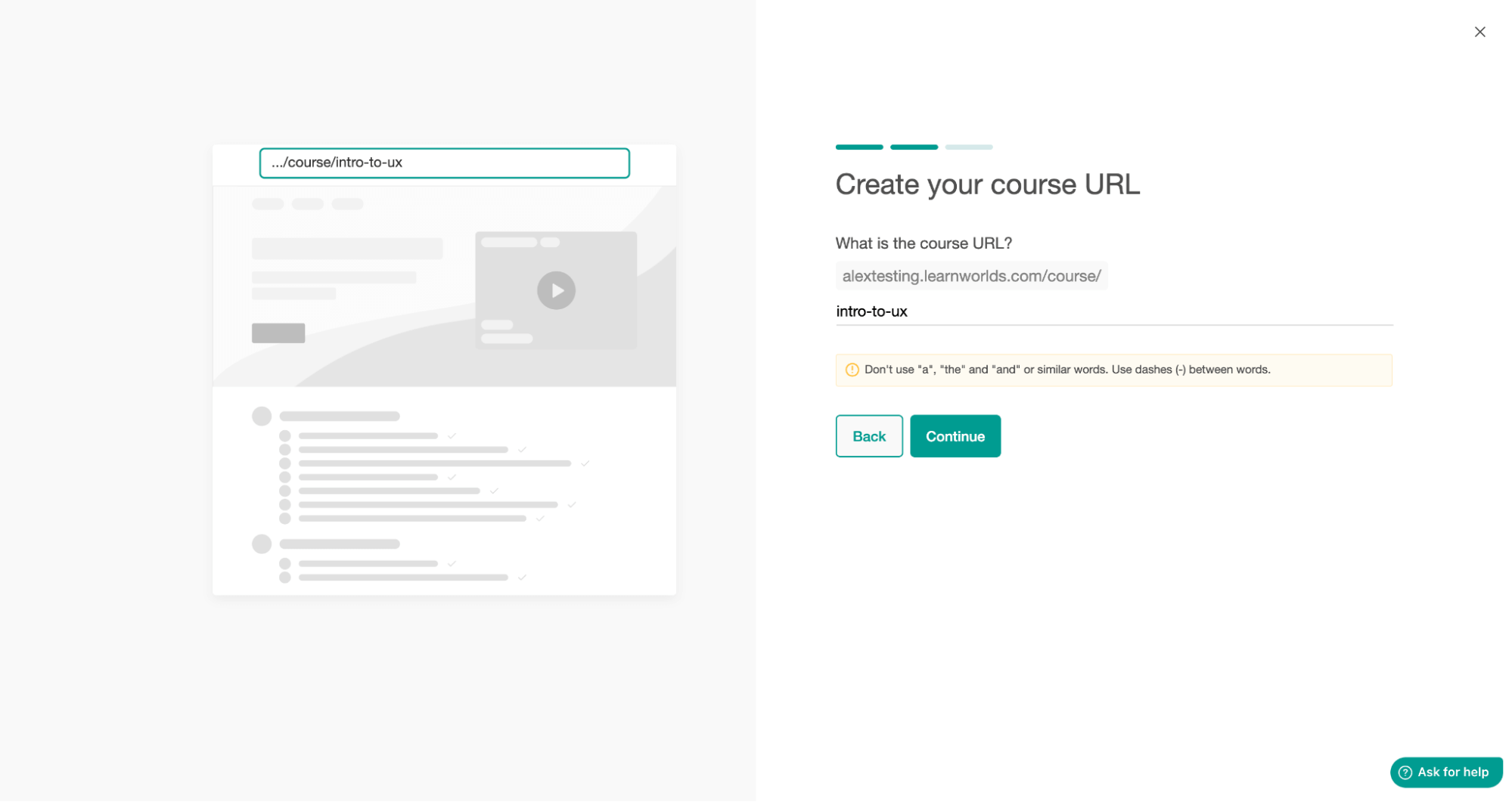  Creating a course URL with the LearnWorlds course creator