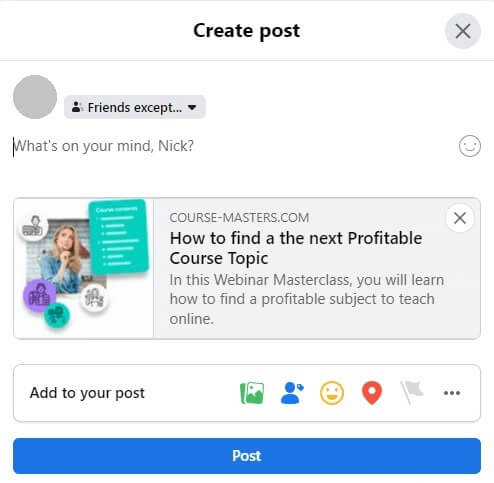  A screenshot showing a preview of a Course Masters' resource being posted on Facebook.