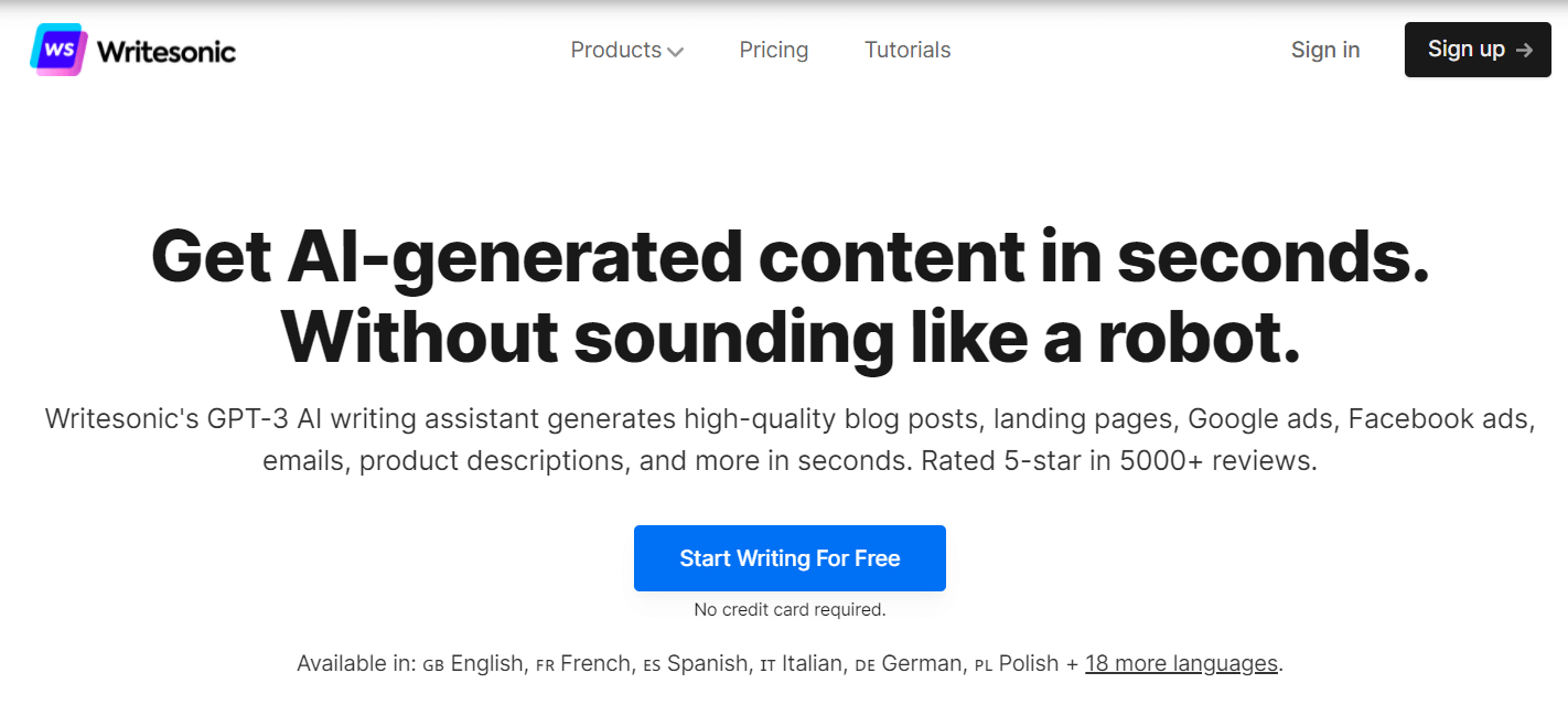 screenshot from Writesonic