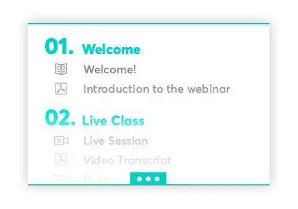 An example showing the 1st welcoming part and live class of a course.