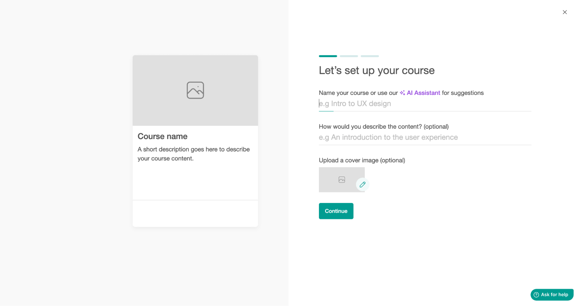 Setting up a course name, description, and image for the first time in LearnWorlds