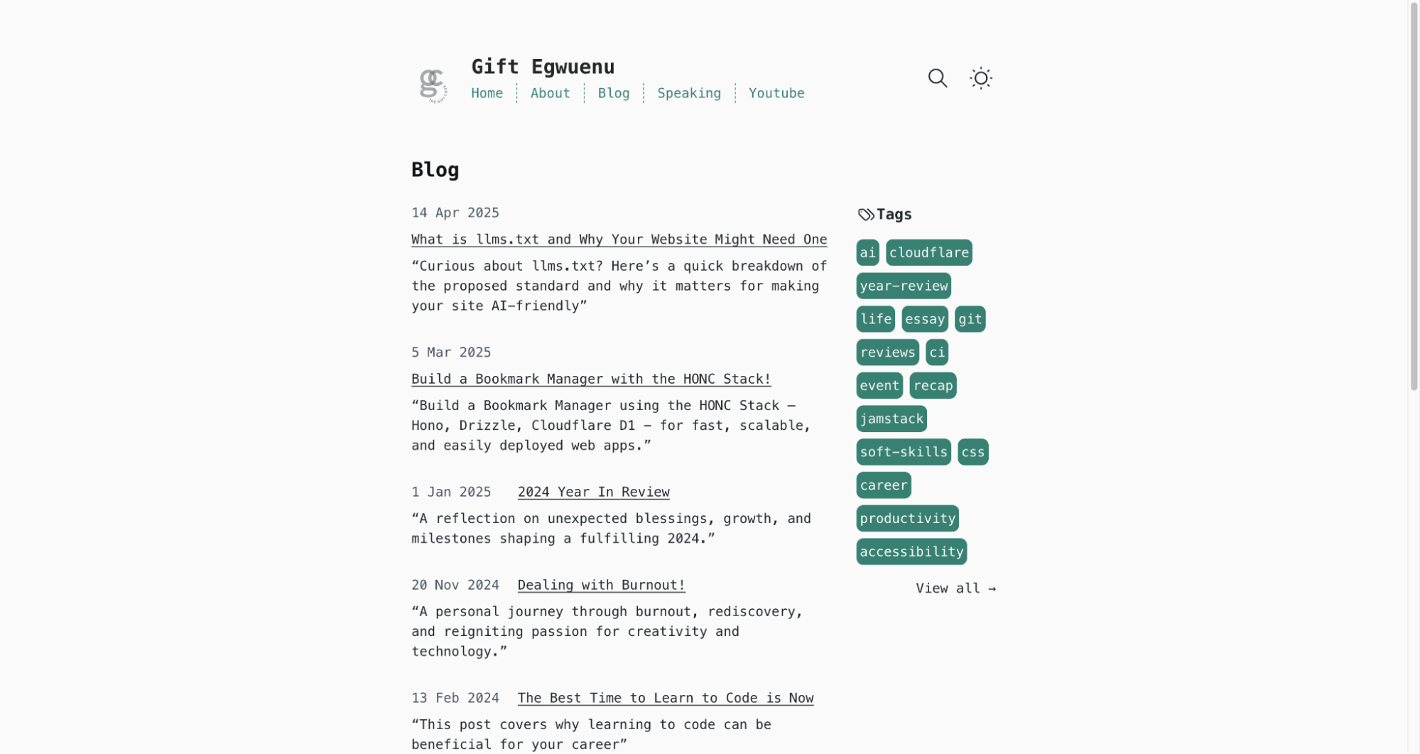 Blog topics listed on the Gift Egwuenu blog