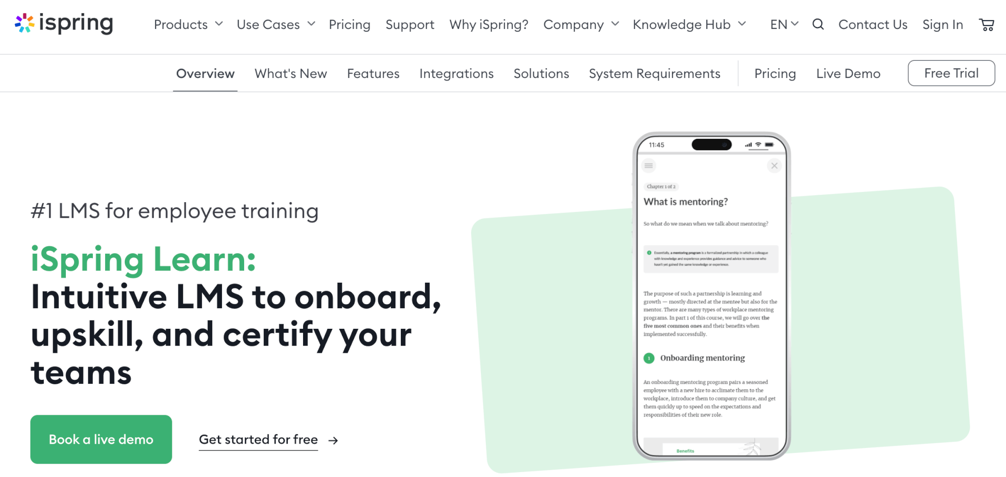 iSpring Learn landing page highlighting its intuitive LMS for employee onboarding, upskilling, and certification, with CTAs to book a demo or get started for free.