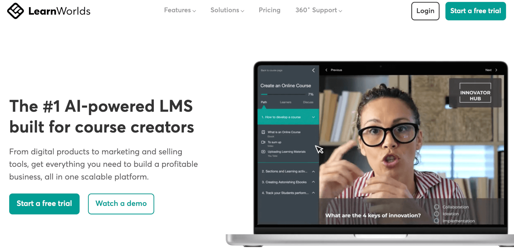 LearnWorlds landing page promoting its AI-powered LMS for course creators, featuring a demo video and CTAs for a free trial or demo.