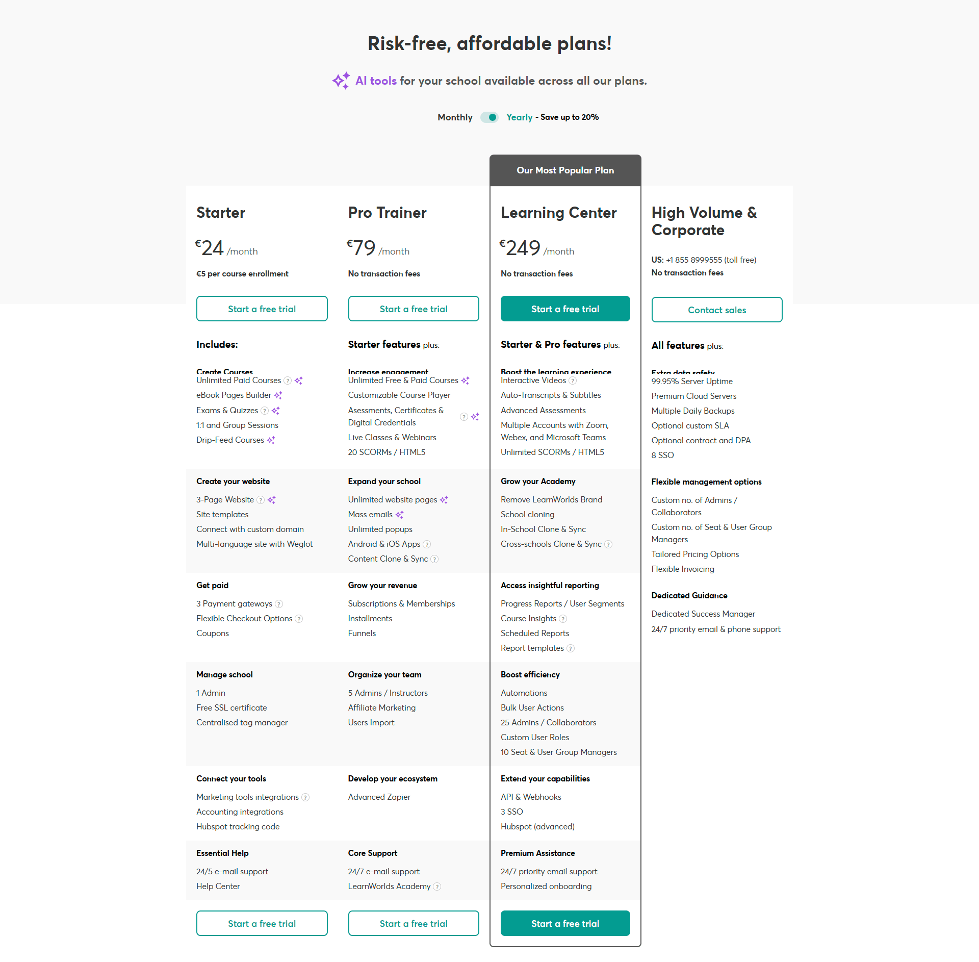 LearnWorlds pricing page screenshot
