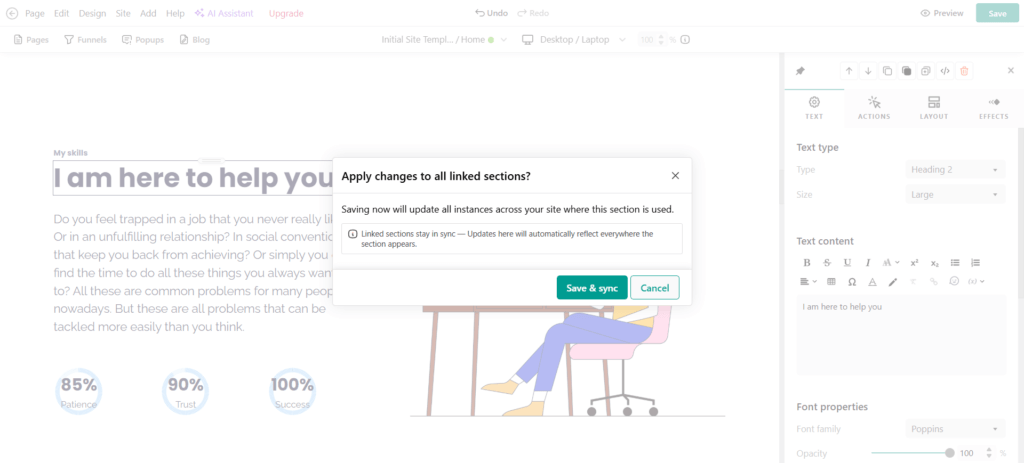 A screenshot showing the 'apply changes to all linked sections' tab inside LearnWorlds platform.