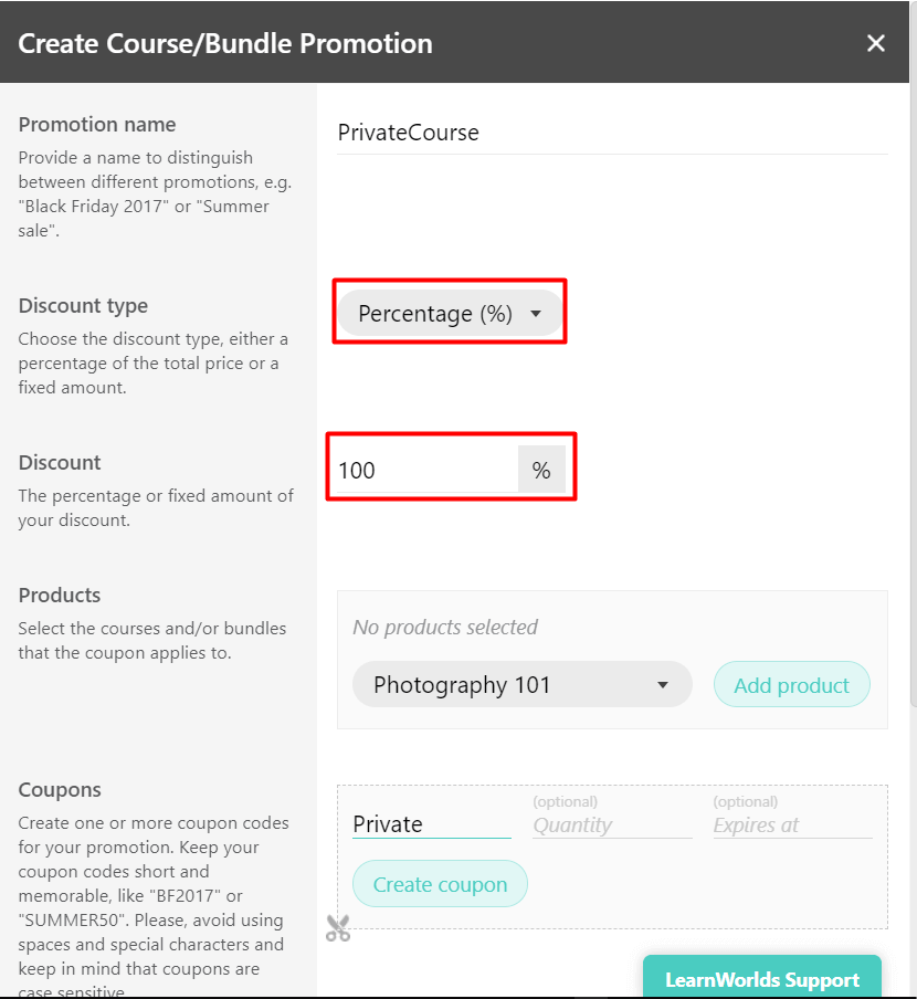 An image showcasing how to create a discount coupon on LearnWorlds for corporate training programs.