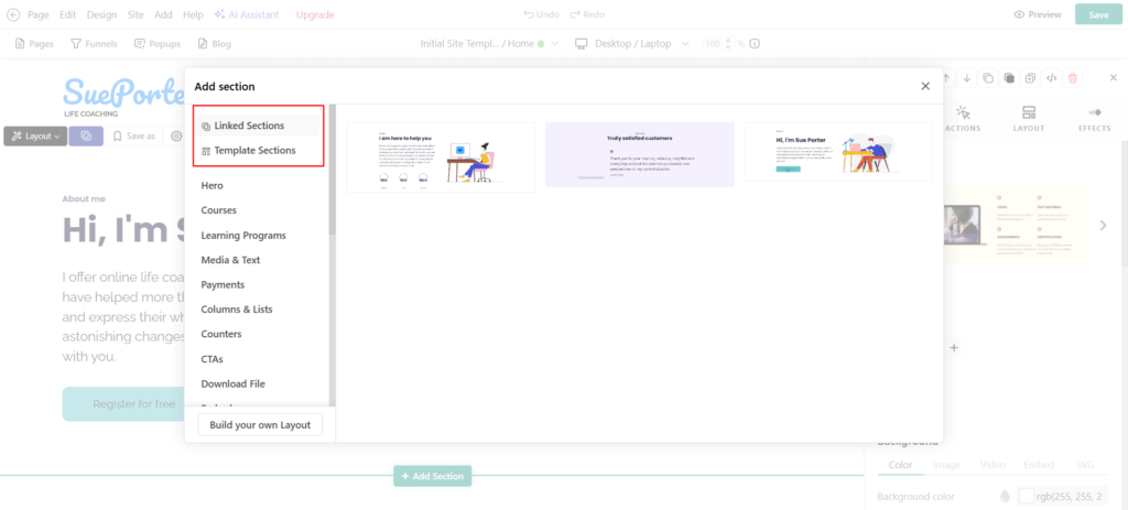 A screenshot showing Linked Sections and Template Sections in LearnWorlds' dashboard.