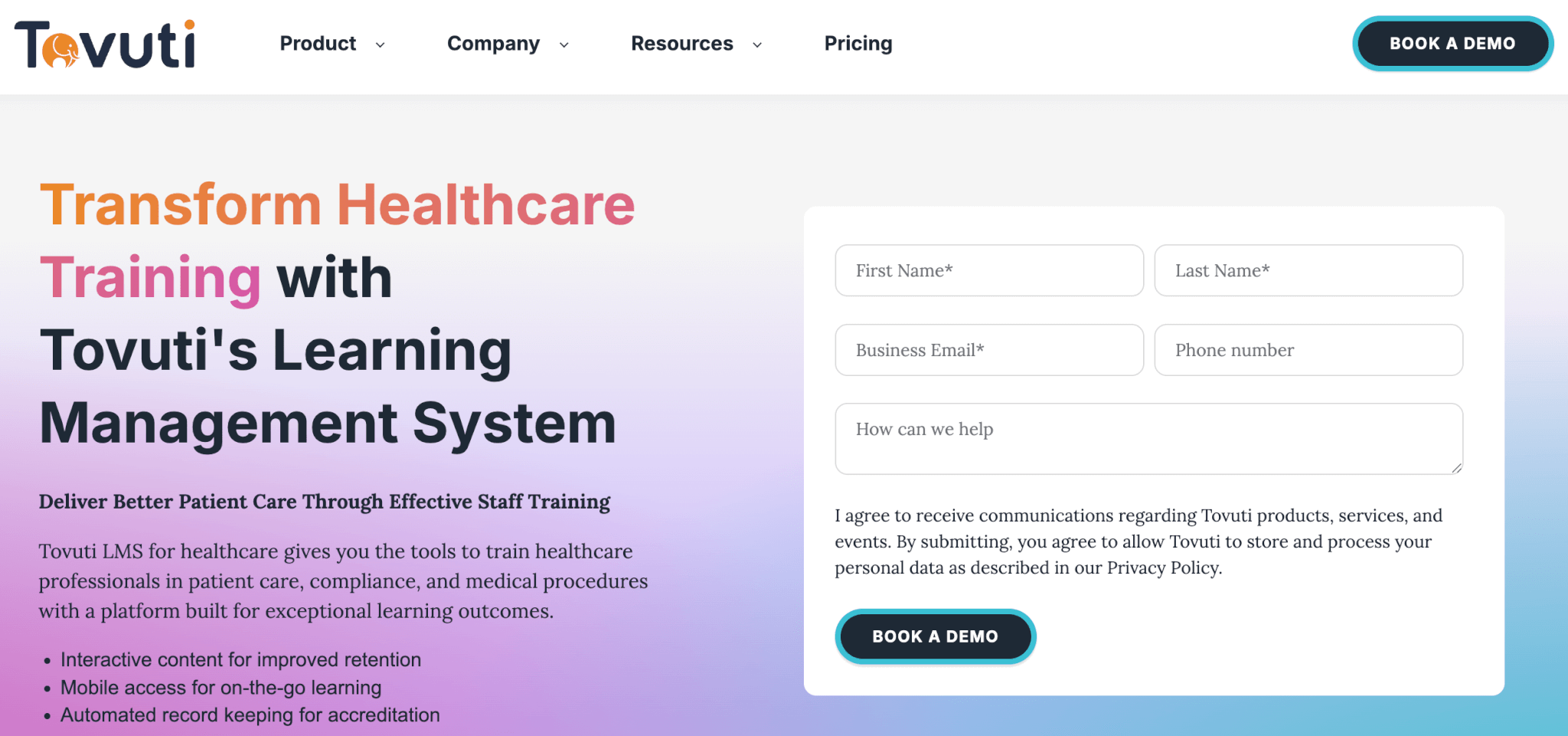 A screenshot showing parts of Tovuti's landing page.